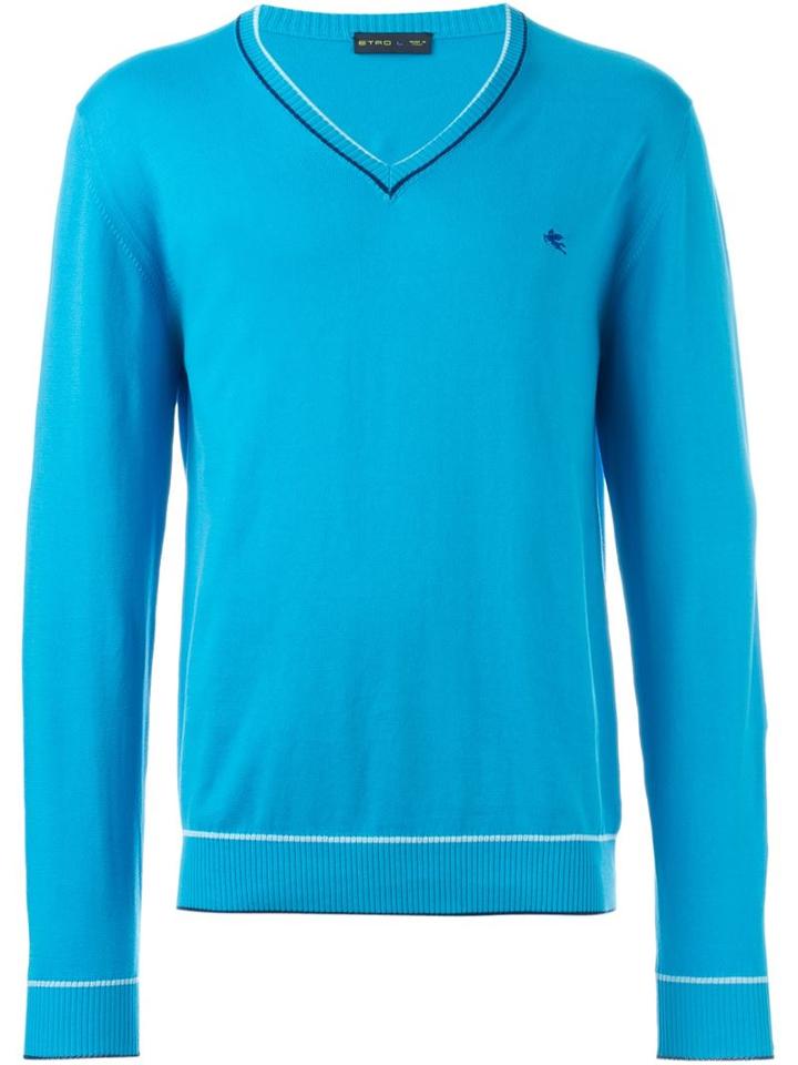 Etro Classic V-neck Jumper, Men's, Size: Medium, Blue, Cotton/polyester