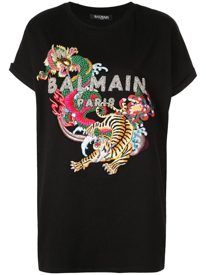 Balmain Multicoloured Sequined And Embroidered T-shirt - Black
