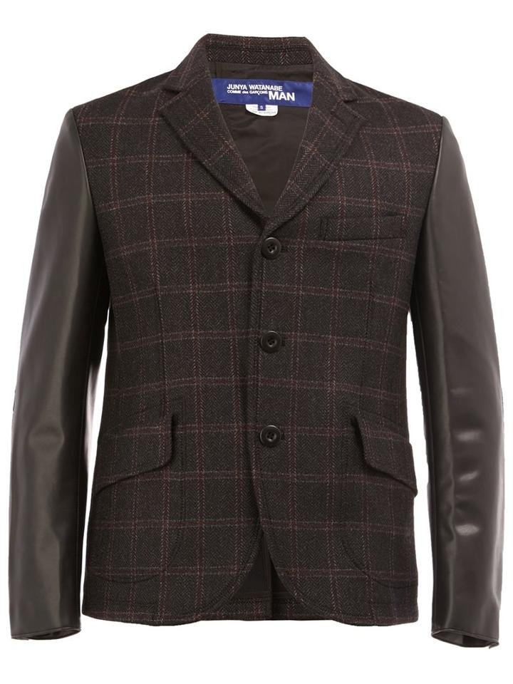 Junya Watanabe Comme Des Garçons Man Faux Leather Sleeve Blazer, Men's, Size: Large, Grey, Cotton/nylon/cupro/wool