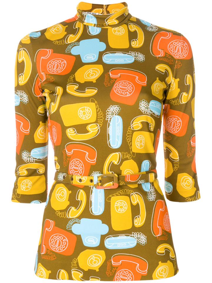 Miu Miu Belted Phone Print Top - Yellow & Orange