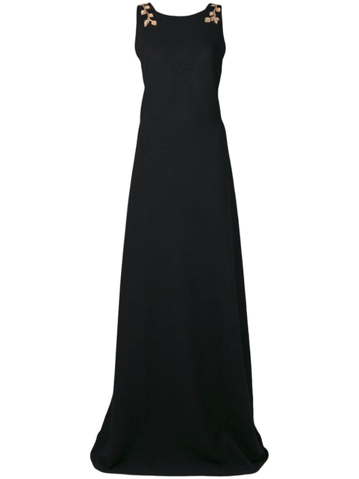 Oscar De La Renta Flared Gown With Gold Leaf Embroidered - Black