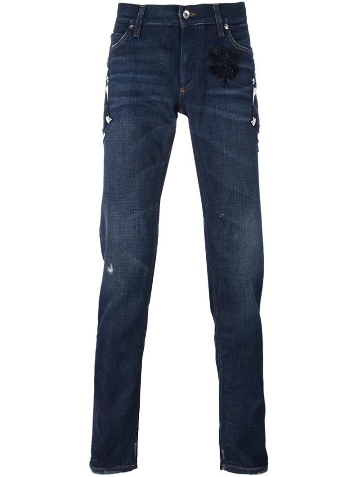 Dolce & Gabbana Patch Jeans, Men's, Size: 48, Blue, Cotton/polyester/glass/calf Leather
