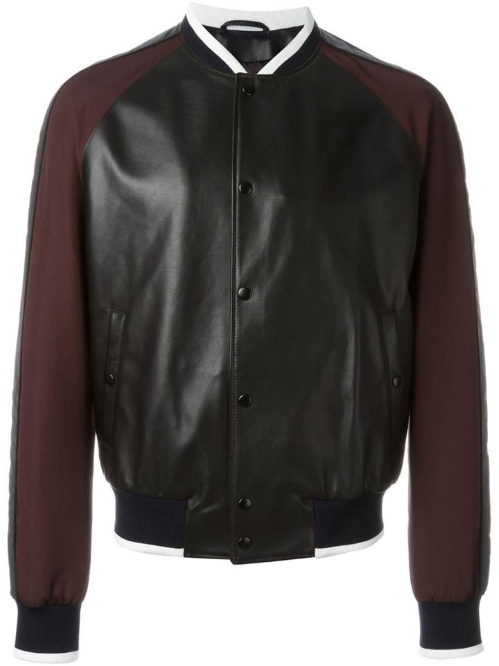 Lanvin Contrasted Sleeve Bomber Jacket, Men's, Size: 52, Black, Cotton/calf Leather/polyamide/wool