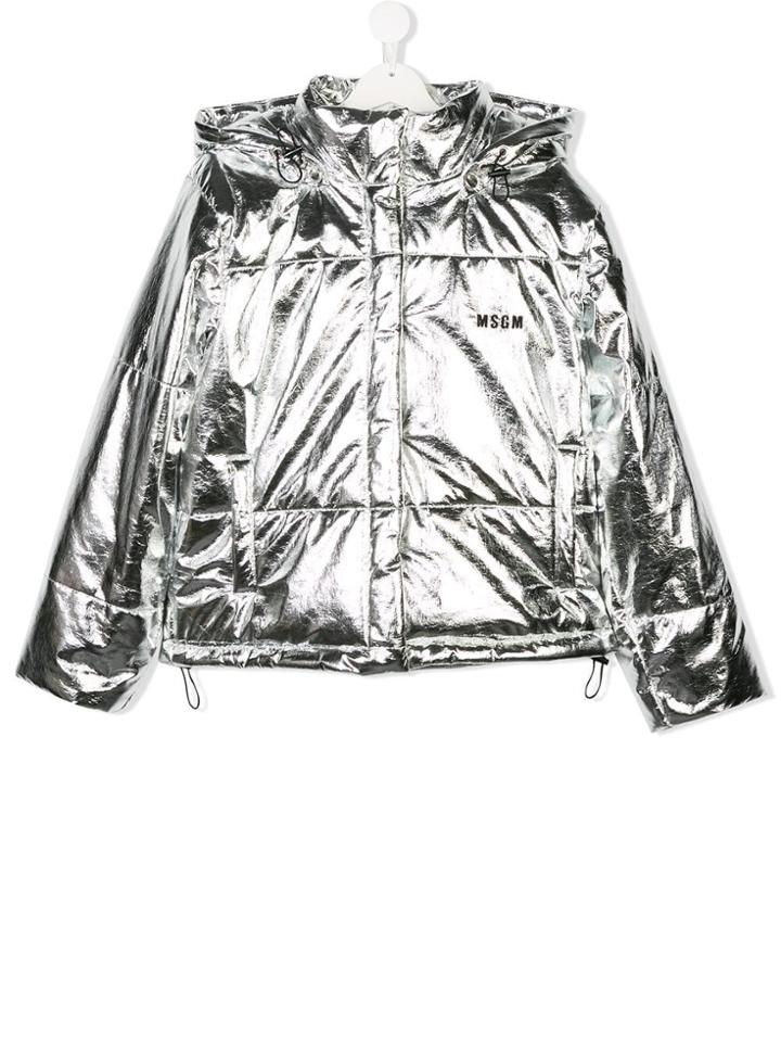 Msgm Kids Teen Logo Print Puffer Jacket - Metallic