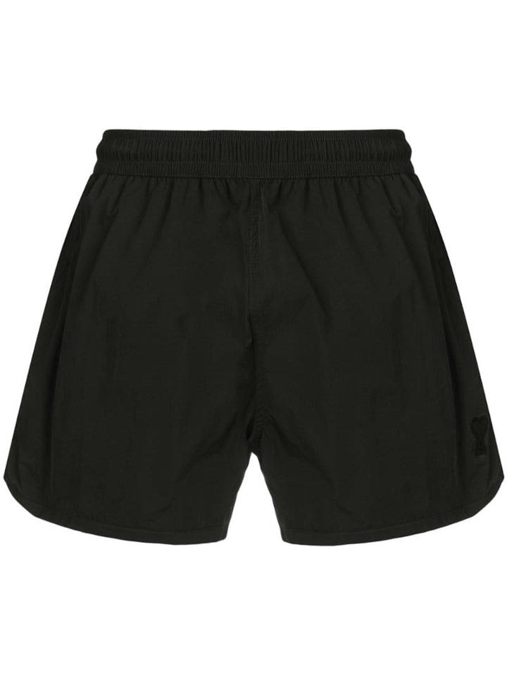 Ami Paris Swim Shorts Plain Color With Ami De Coeur Patch - Black