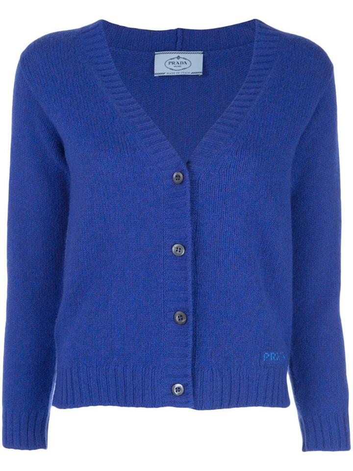 Prada Logo Embroidered Cardigan - Blue