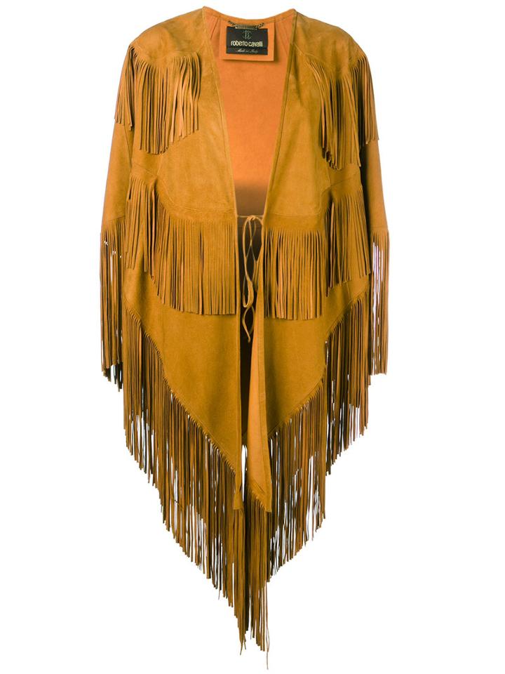 Roberto Cavalli Fringed Cape Coat, Women's, Size: 38, Brown, Calf Leather