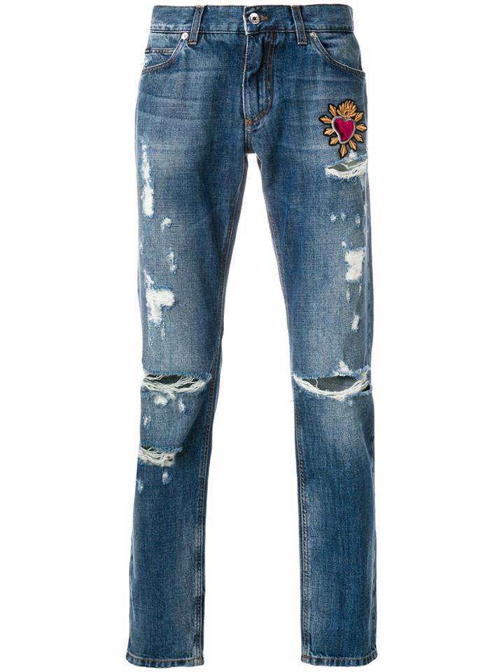 Dolce & Gabbana Heart Embellished Ripped Jeans - Blue