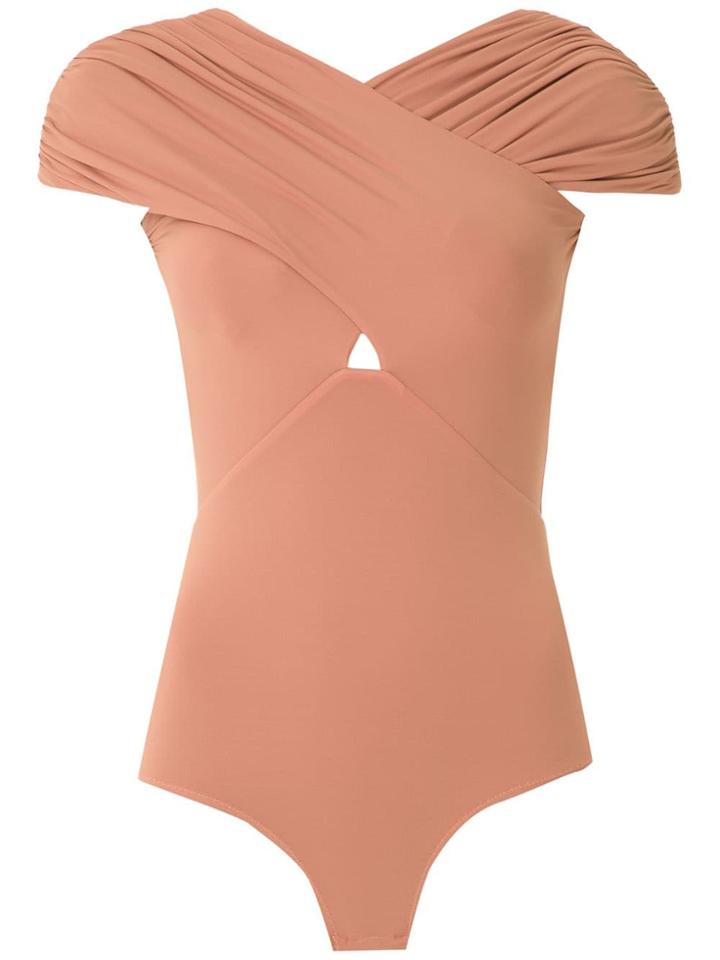 Amir Slama Ruched Crossover Body Top - Neutrals