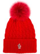 Moncler Grenoble Cable Knit Hat, Women's, Red, Virgin Wool