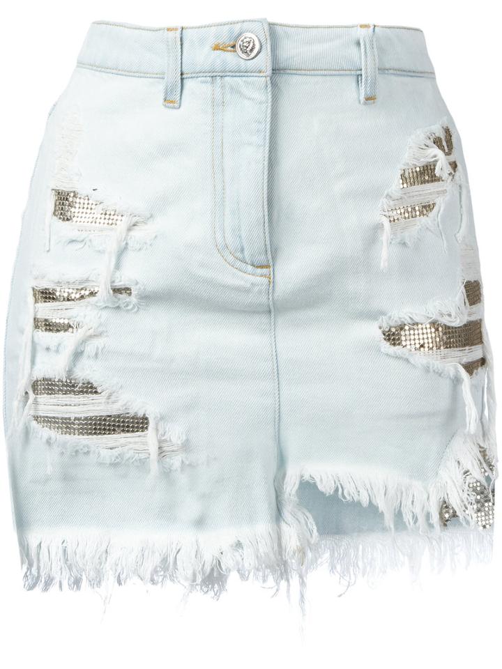 Versus Distressed Mesh Insert Denim Skirt, Women's, Size: 42, Blue, Cotton/polyester