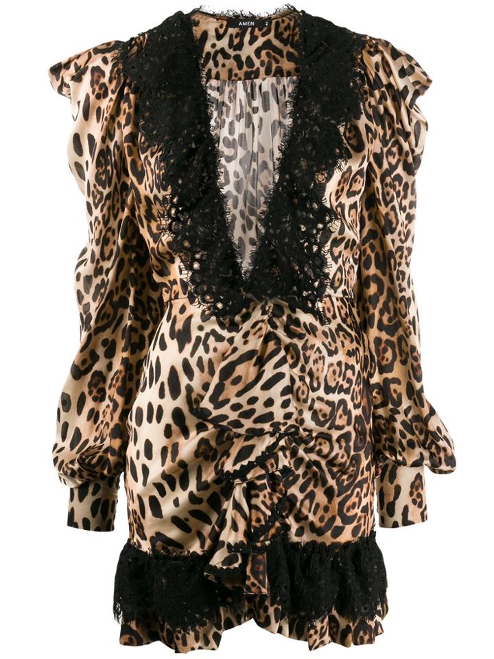 Amen Deep V-neck Leopard Print Dress - Neutrals