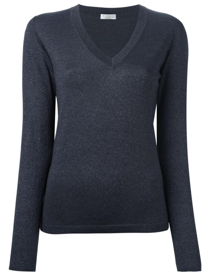 Brunello Cucinelli V-neck Jumper, Women's, Size: Xxl, Blue, Silk/polyamide/polyester/cashmere