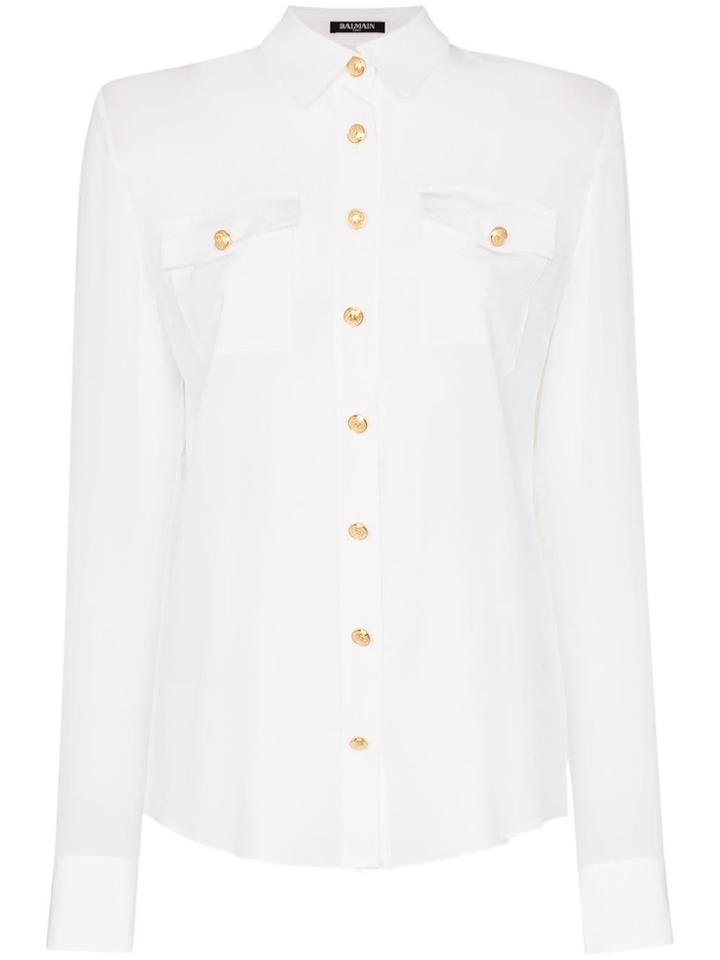 Balmain Collared Gold-tone Button Silk Shirt - White
