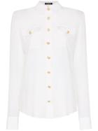 Balmain Collared Gold-tone Button Silk Shirt - White