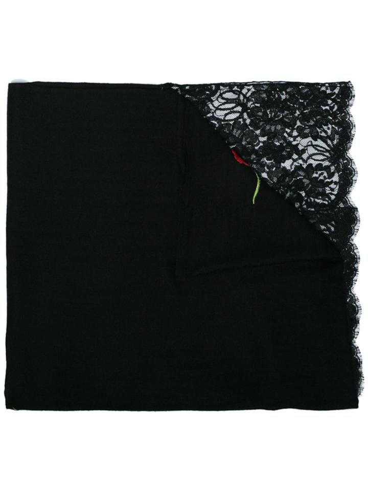Janavi Black Corner Rose Lace Embroidered Cashmere Scarf