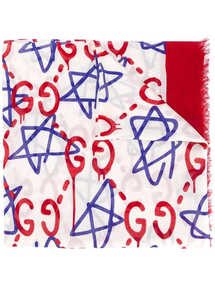 Gucci Stars Logo Print Scarf, White, Modal/silk