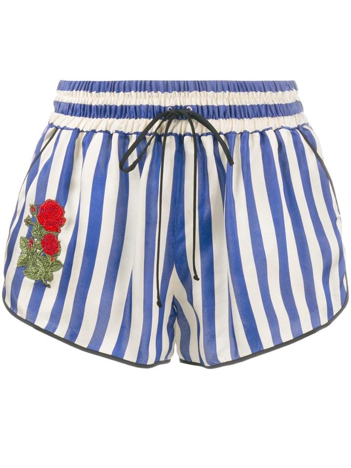 Off-white Rose-embroidered Striped Shorts - Blue