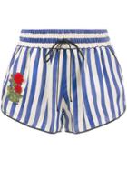 Off-white Rose-embroidered Striped Shorts - Blue