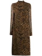 Ganni Tiger Print Midi Dress - Brown