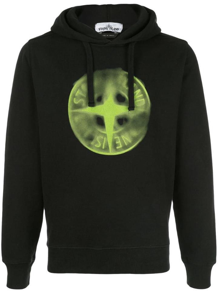 Stone Island Smudged Logo Printed Hoodie - Black