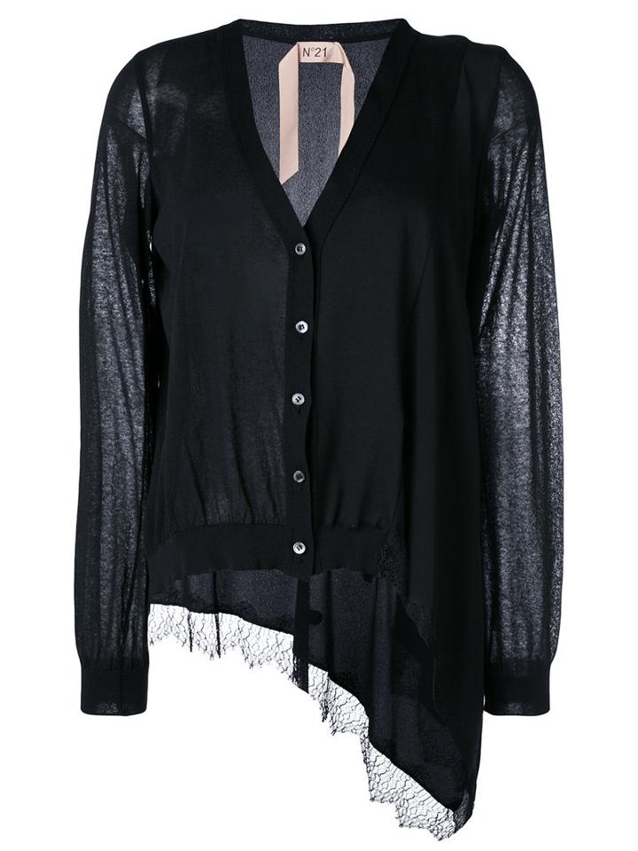 No21 Asymmetric Lace Hem Cardigan, Women's, Size: 42, Black, Cotton/polyamide/acetate/silk