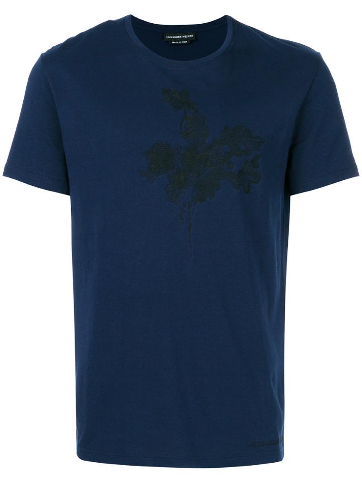 Alexander Mcqueen Floral Skull Embroidered T-shirt - Blue