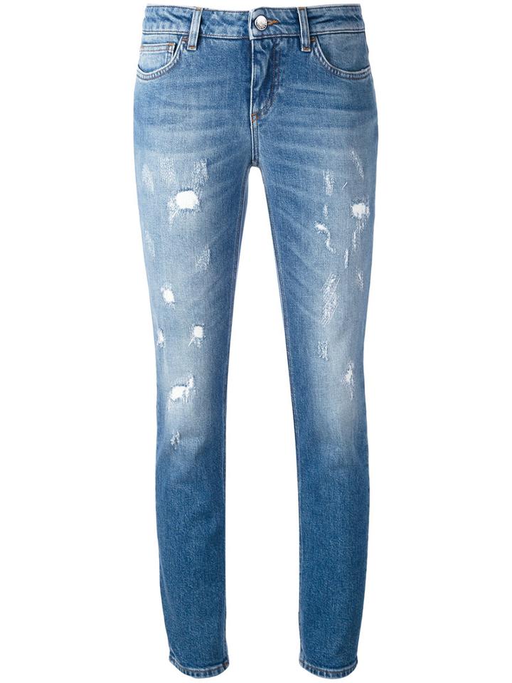 Dolce & Gabbana - Distressed Skinny Jeans - Women - Cotton/leather/spandex/elastane - 46, Blue, Cotton/leather/spandex/elastane