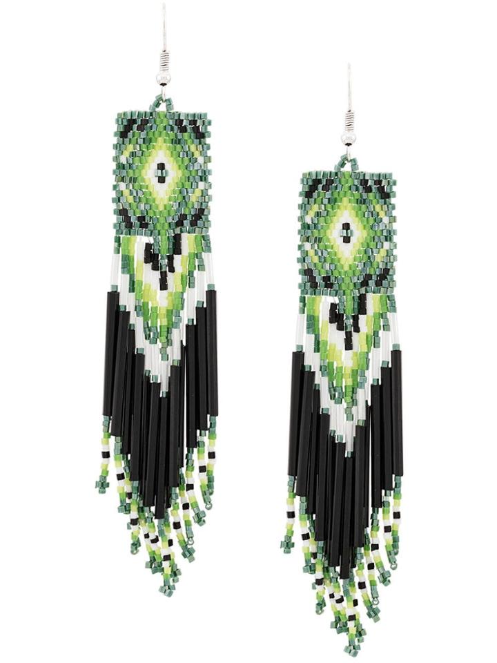 Jessie Western Beaded Long Earrings - Green