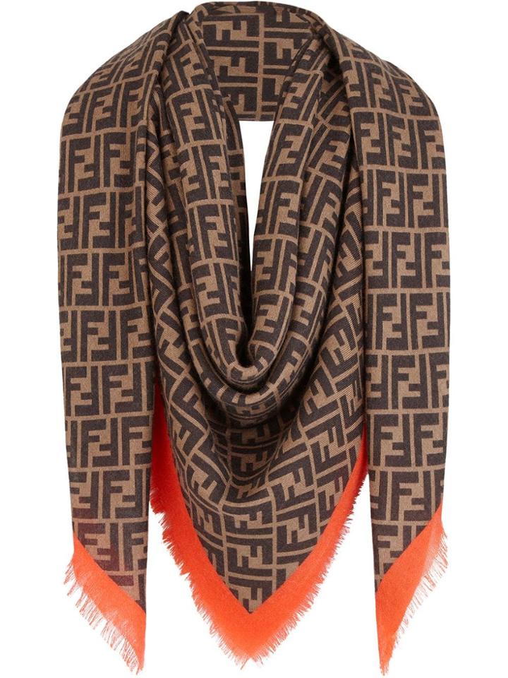 Fendi Contrasting Fringed Ff Logo Shawl - Brown