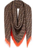 Fendi Contrasting Fringed Ff Logo Shawl - Brown