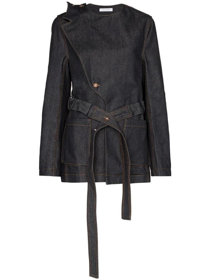 Delada Asymmetric Belted Denim Jacket - Blue