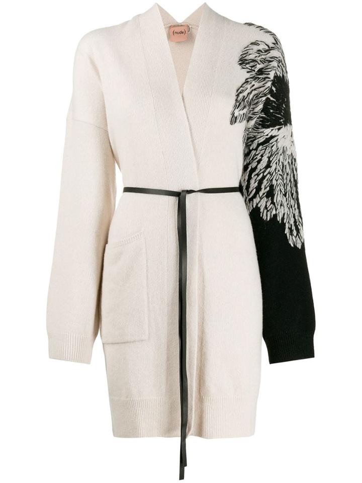 Nude Embroidered Sleeve Knit Cardigan - White