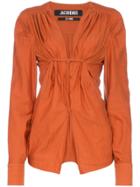 Jacquemus V-neck Ruched Cotton Linen-blend Blouse - Yellow & Orange