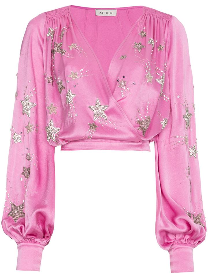 Attico Bead Embellished Wrap Blouse - Pink & Purple