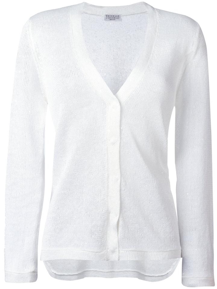 Brunello Cucinelli - V-neck Cardigan - Women - Silk/linen/flax/polyamide - M, White, Silk/linen/flax/polyamide