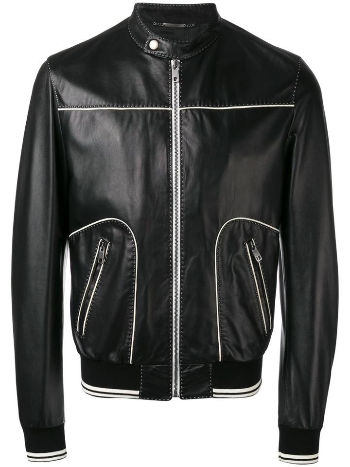 Dolce & Gabbana Contrast Trim Leather Jacket, Men's, Size: 48, Black, Lamb Skin/acetate/viscose/cotton