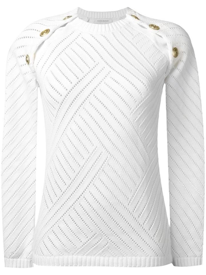 Pierre Balmain Gold-tone Shoulder Detail Jumper, Women's, Size: 36, White, Cotton