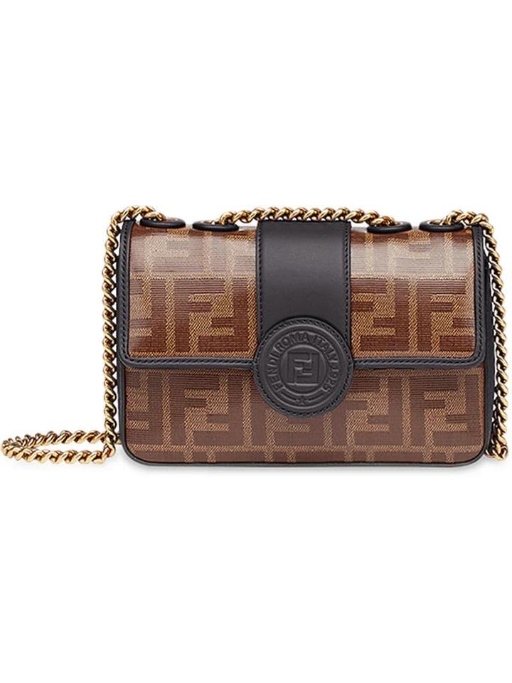 Fendi Brown Double F Logo Print Leather Cross Body Bag