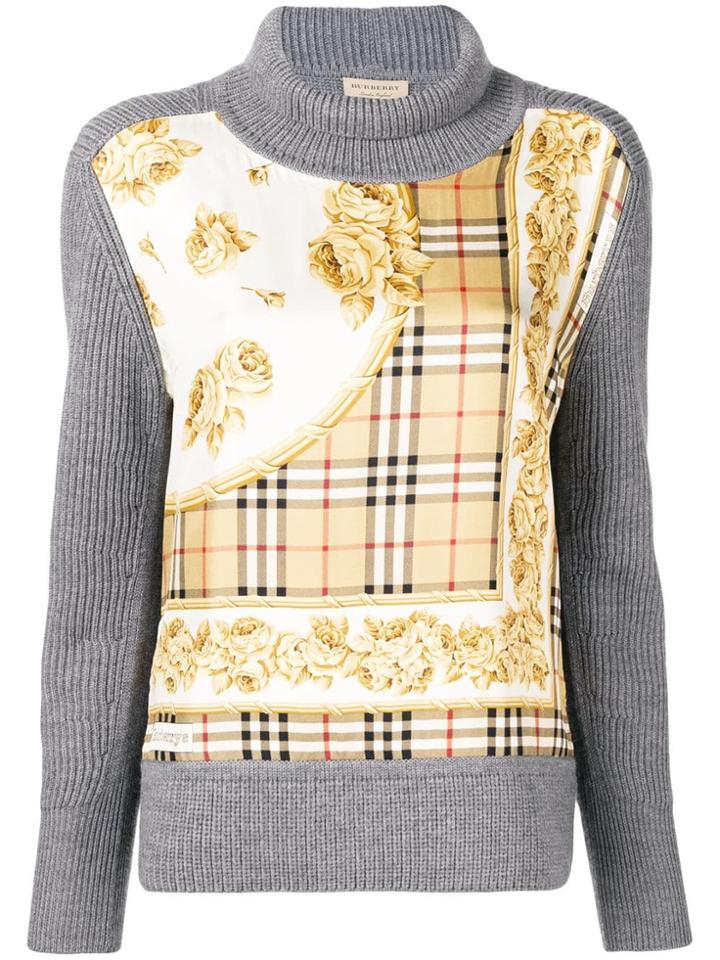 Burberry Archive Scarf Print Panel Wool Turtleneck Sweater - Grey