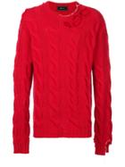 Paura Distressed Cable Knit Sweater - Red