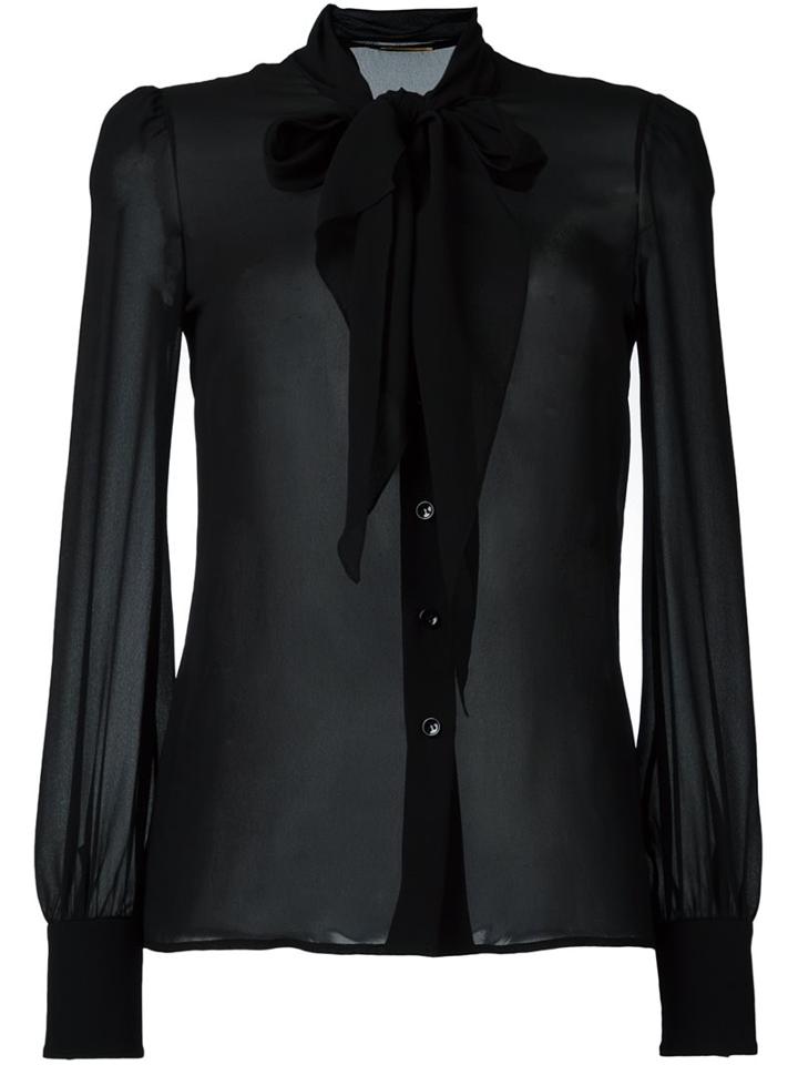 Saint Laurent Pussybow Long Sleeve Shirt, Women's, Size: 40, Black, Viscose