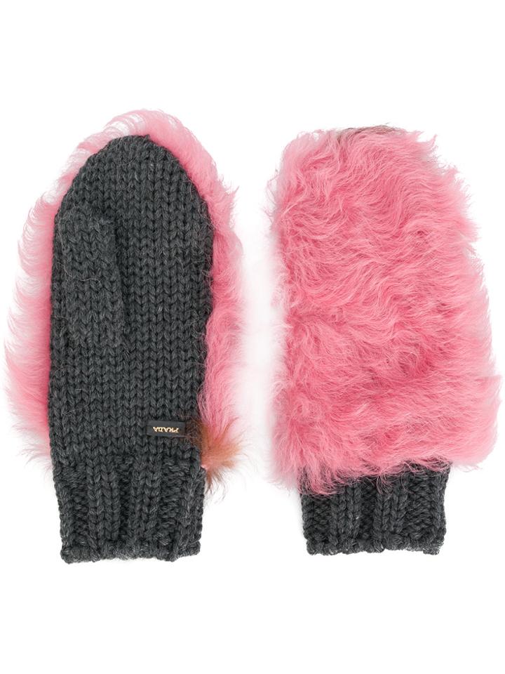Prada Fur Patch Mittens - Grey