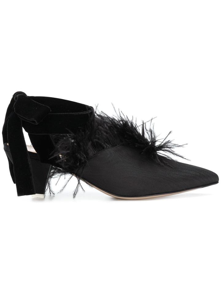 Attico Feather Embellished Mules - Black