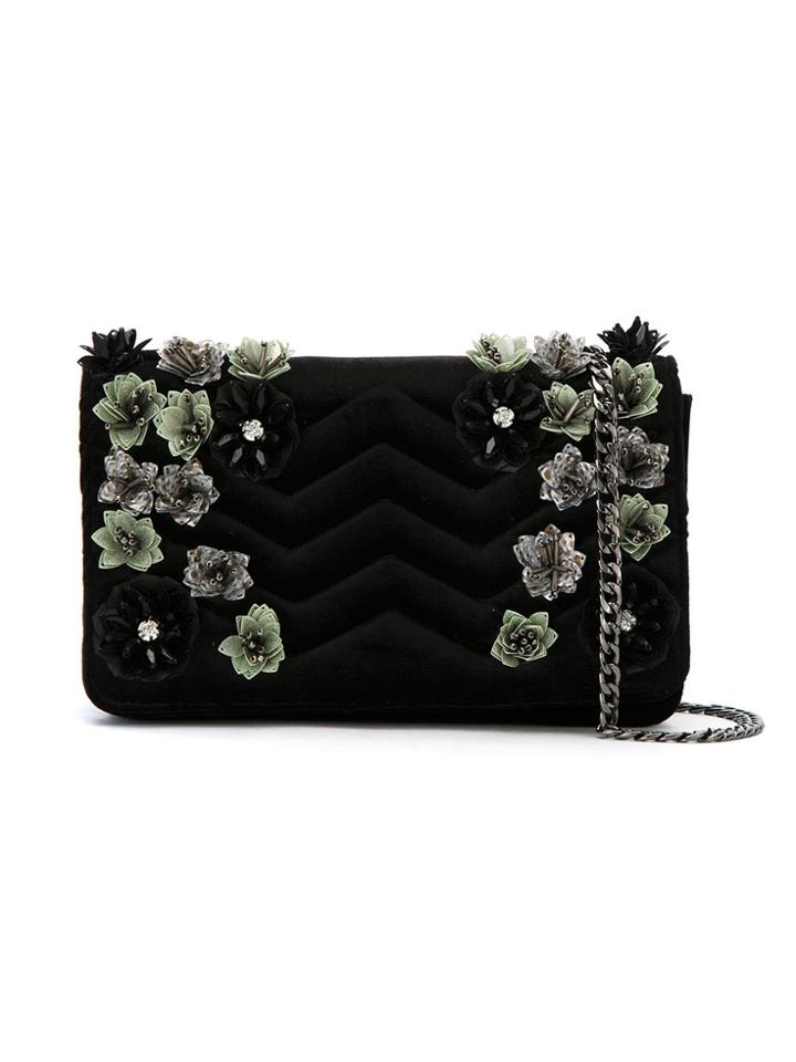 Isla Velvet Quilted Embroidered Shoulder Bag - Black