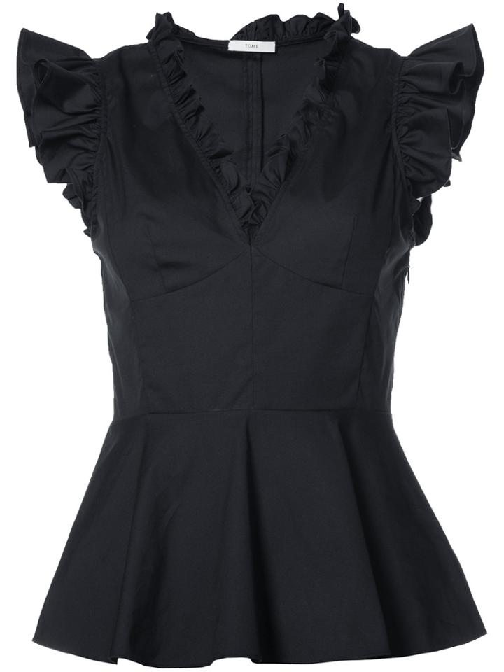 Tome V-neck Top With Frills - Black