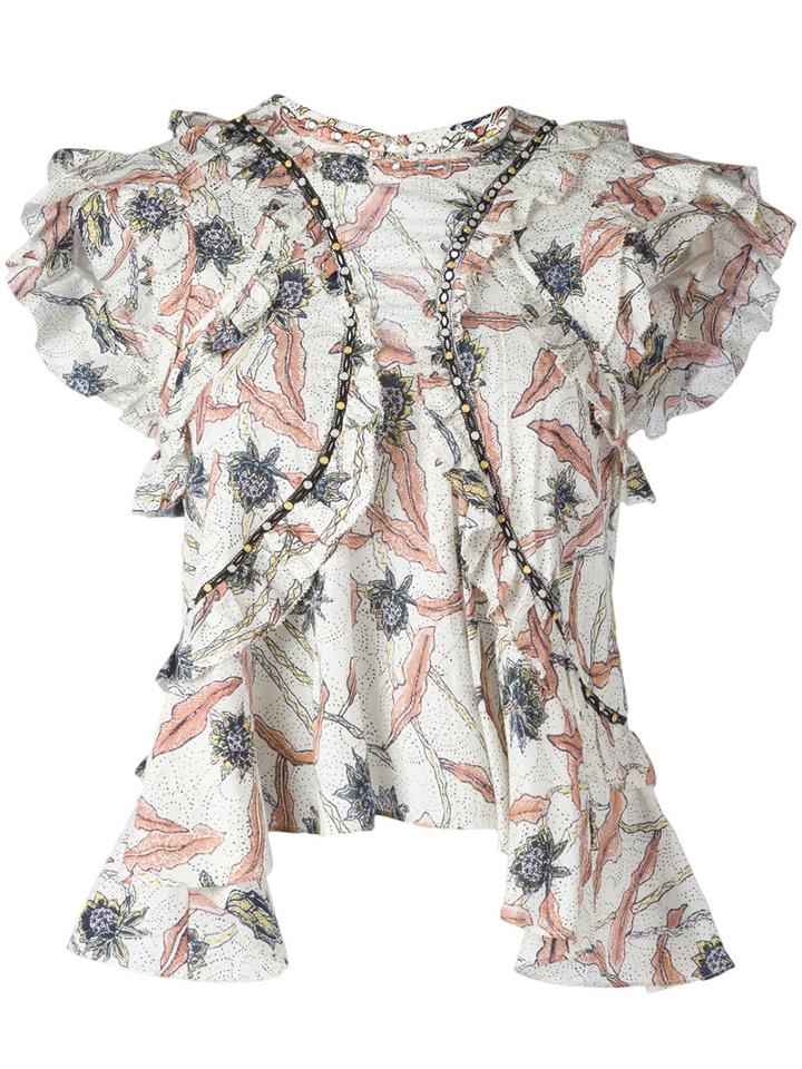 Isabel Marant Ruffled Floral Print Top, Women's, Size: 36, Yellow/orange, Cotton/acrylic/brass