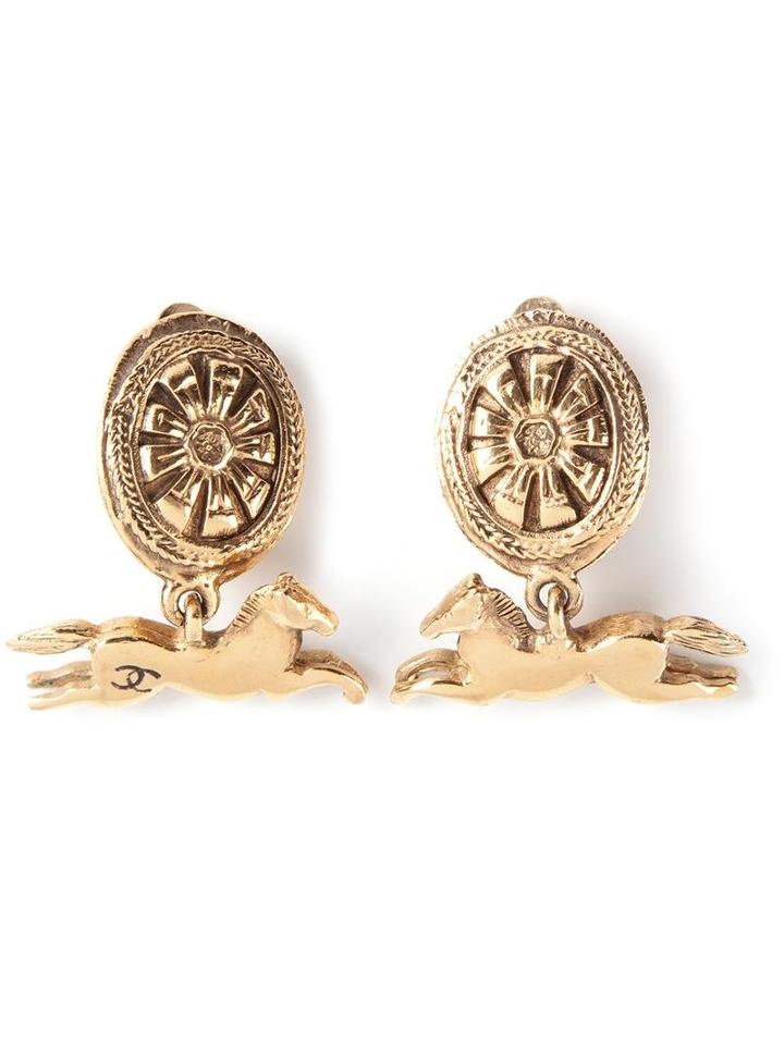 Chanel Vintage Horse Pendant Clip On Earrings, Metallic