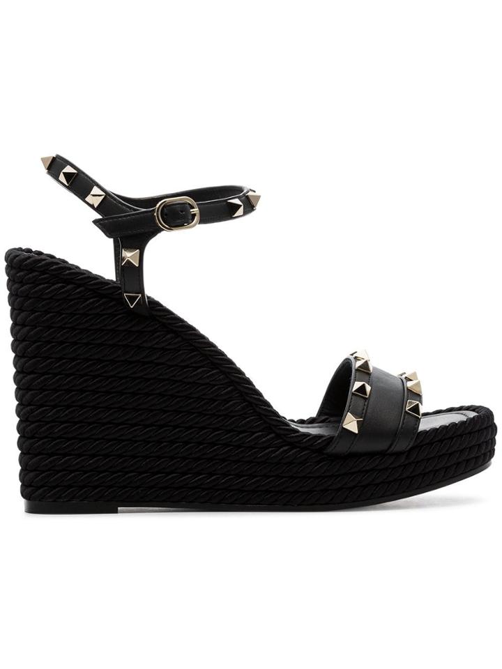 Valentino Black Garavani Rockstud 120 Espadrille Wedge Leather Sandals