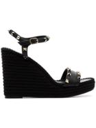 Valentino Black Garavani Rockstud 120 Espadrille Wedge Leather Sandals